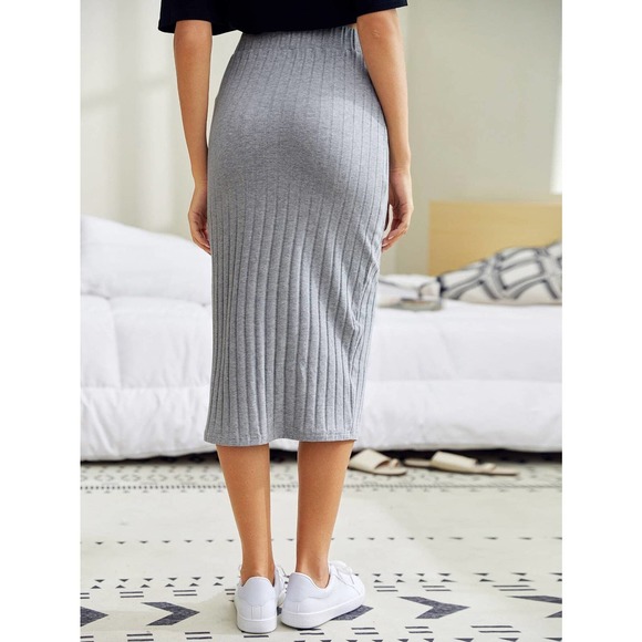 Slit Hem Rib knit Pencil Skirt midi business casual black - Picture 4 of 11
